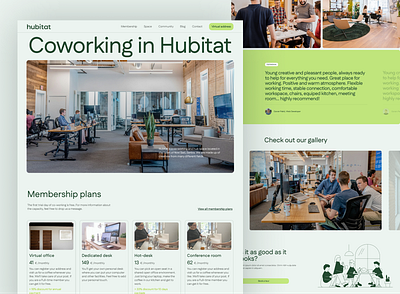 Modern Coworking Space Website Design for Hubitat community focused design coworking space cozy flat design green color palette homey hubitat branding illustration landing page membership plan layout modern uiux office space photography price cards remote work simple ui design warm web design workspace design