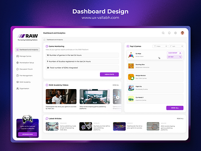 Dashboard UI Design Of Game Publishing Platform 🚀 branding dashboard game dashboard game ux gaming light mode minimal purple ui design ui ux ux design web design webapp webpage