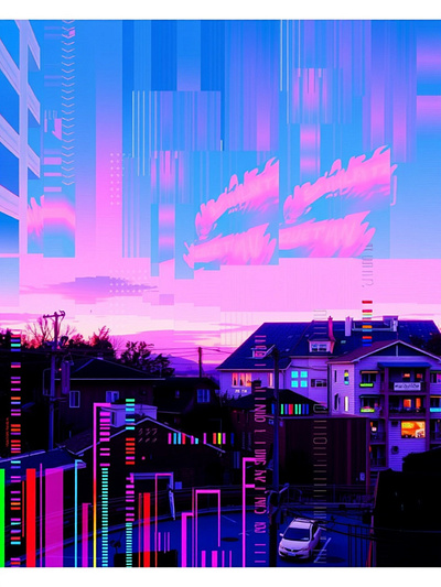 Pixelated Twilight: Between Glitch and Glow art branding colorful cyberpunk design digi digital art futuristic glitchaesthetic graphic design illustration neonvibes retrofuture