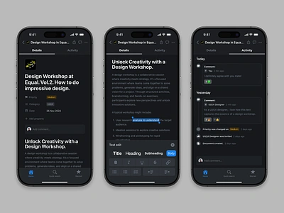 Note taker. Mobile app activity app design apple darkmode description design ios iphone macos mobile app nav bar notes notion priority text text editing to do ui ux webdesign