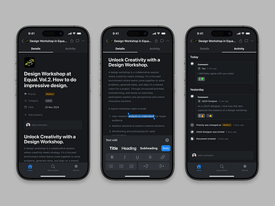 Note taker. Mobile app activity app design apple darkmode description design ios iphone macos mobile app nav bar notes notion priority text text editing to do ui ux webdesign