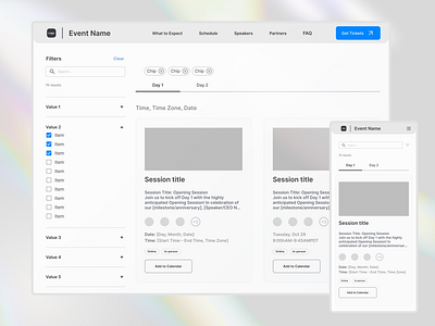 Event schedule page | Lo-Fi event app event management filter lo fi no result product schedule search bar ui ux uxui web