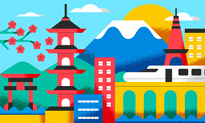 Japan scene geometric background building city colorful design flat fuji geometric illustration japan japanese landscape scene scenery shape shinkansen texture tokyo torii vintage