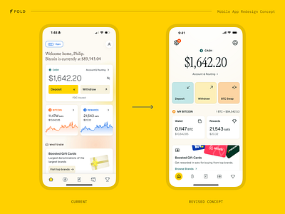 Fold iOS App Redesign Concept app design banking app bitcoin clean dashboard finance finance app fintech icons ios app mobile app mock up money product design simple ui ui uiux ux web3 yellow