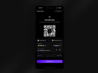 QR code payment screen for peer-to-peer transactions. blockchain crypto design peertopeer ui ux web3