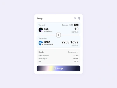 Swap widget app blockchain bridge clean crypto design eth exchange figma minimal polygon product design purple sol swap token ui usdc ux web3