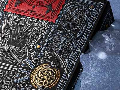 ⚔️ · 👑 · 🏰 · 🐉 · 🐺 · ❄️ engraving game of thrones illustration packaging design peter voth design playing cards theory11