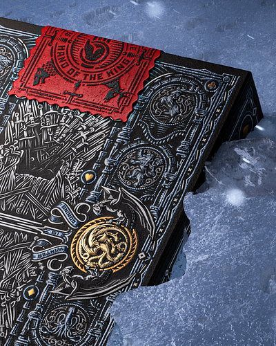 ⚔️ · 👑 · 🏰 · 🐉 · 🐺 · ❄️ engraving game of thrones illustration packaging design peter voth design playing cards theory11