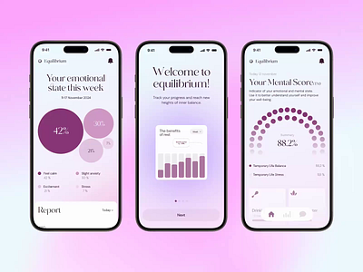 Equilibrium® - AI Mental Health & Wellness App activity tracker ai assistant app interaction calm app health app design health monitor health tracking meditation mobile app mental health design app mental health mobile app mindfulness mindfulness app mindfulness healthcare mobile animation mobile ui design modern app ui mood tracker motion design online therapy app well being app