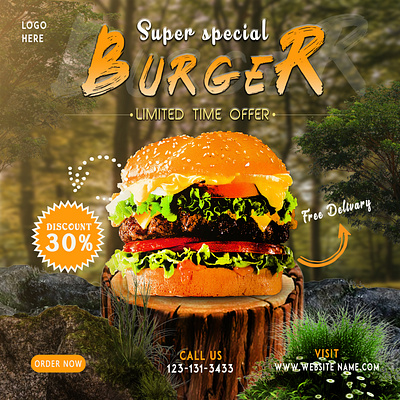 Social media posts/Fast Food ad Design advertising burger delicious food design food foodcravings deliciousmoments forest burger graphic design illustrator instagram limitedtimeoffer manipulation newyearfeast photoshop poster social media post specialmenu summerbites todayspecial winterwarmers