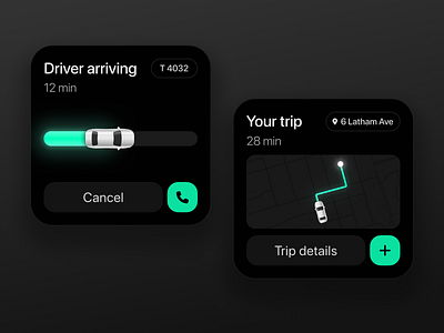 Taxi app widget app carrier dark mode glow gps ios iphone map mobile navigation neon ride taxi trip uber ui widget