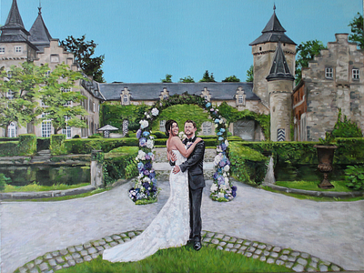 Live wedding painting of castle ceremony setting in Belgium acrylic paint castle destination wedding live painter live painting wedding wedding couple wedding painting