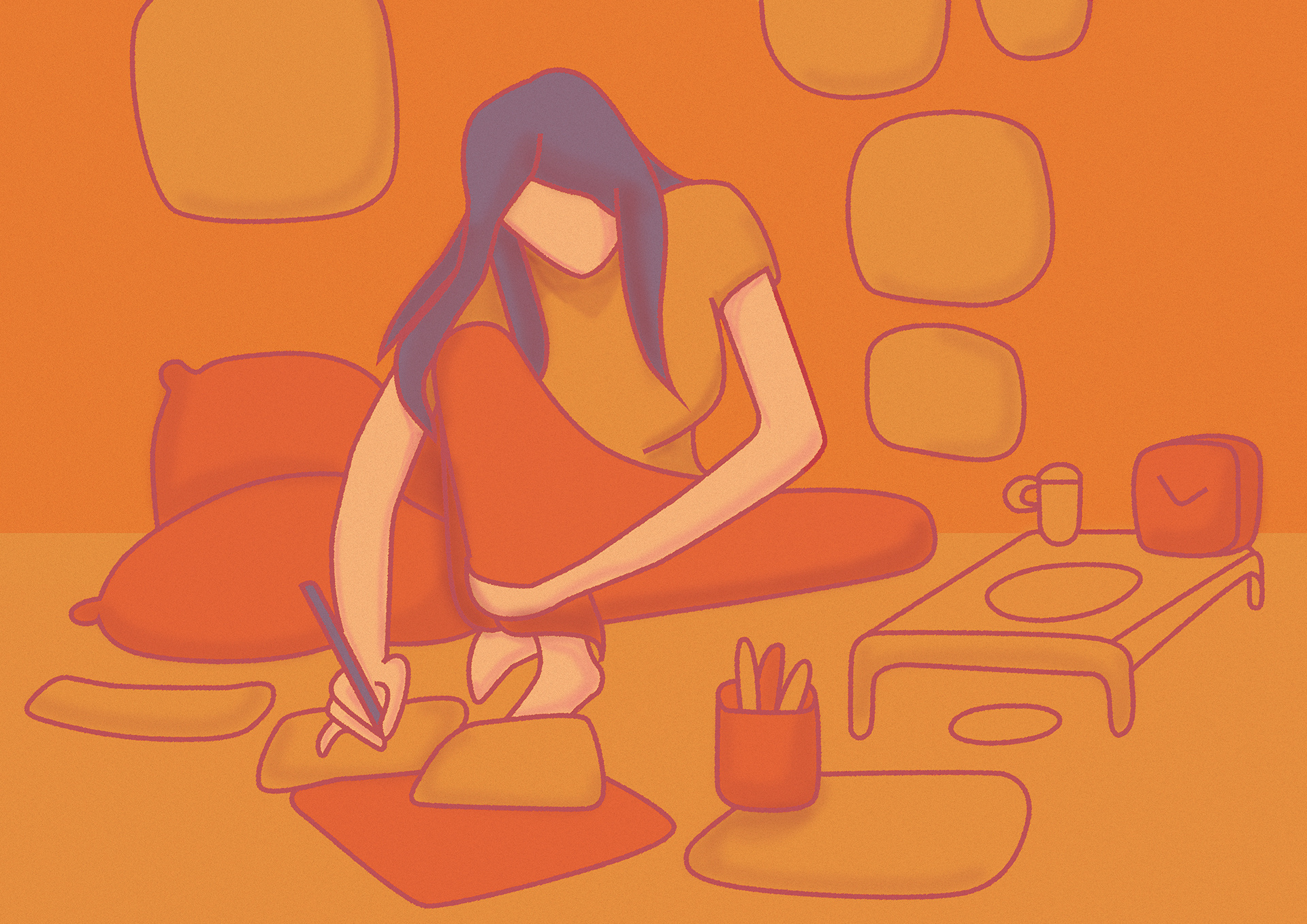 Lines dissolve within her hands creativemorning digital art female character flat design graphic design illustration illustration vibes line and shape minimal art style retro sketchinprogress vector warm palette