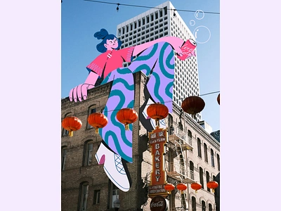 San Francisco art building character chinese city colorful design flat illustration illustration on photo illustrator photo san francisco street us