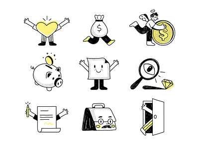 Fun Finance Cartoons black cartoon character design editorial finance flat friendly fun graphic design illustration investor line lineart minimal simple vector venture