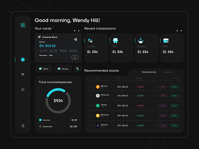 Banking Dashboard app bank banking dashboard banking platform card clean dark dashboard design finance finance web design product design ui ux wallet web web app web design