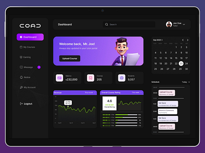 Course Dashboard Website admin panel analytics charts course crm dashboard graphs interface management page page design profile saas settings sidebar task board user interface web web design website