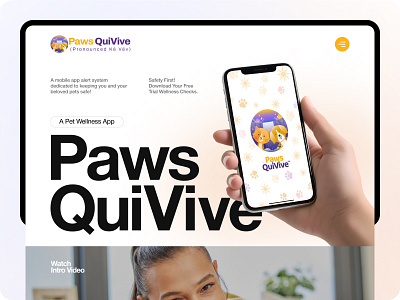 Paws QuiVive - A Pets Alert System App Hero Header app branding care design graphic design illustration landing page logo minimal pet care app petcare ui ux web design