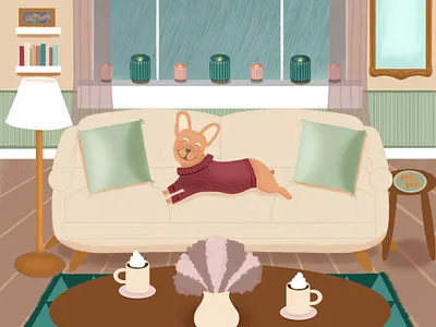 Fall Frenchie autumn books candles cookies cozy dog fall flowers french bulldog frenchie illustration mirror mugs procreate puppy rain room vase warm