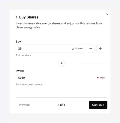 Day 56/90: Buy Shares 1 90daychallenge austin checkout clean energy cleantech climatetech energytech fintech founder founder mode greentech renewable energy solar solar energy startup sustainability tech texas ui ux