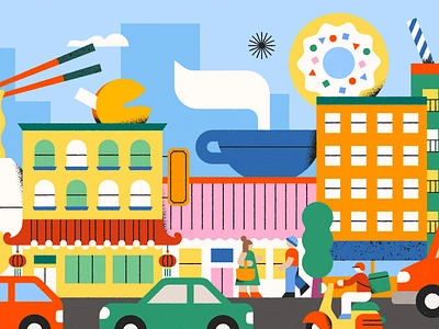 Food City Illustration abstract blue branding building cars chinatown city food geometric hamburger illustration minimal people pizza sandwich scenery street texture tree vector