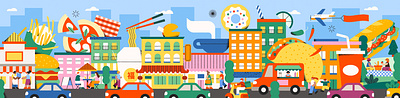 Food City Illustration abstract blue branding building cars chinatown city food geometric hamburger illustration minimal people pizza sandwich scenery street texture tree vector