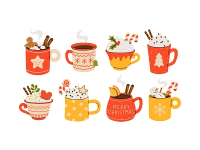 Winter mugs set beverage cartoon chocolate christmas cocoa collection concept cup design drink flat hot illustration mug set tea vector winter xmas