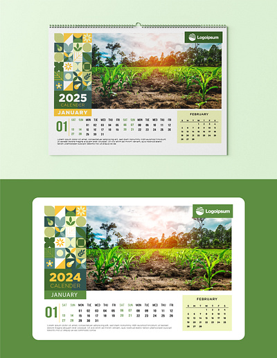 Minimal Wall Calendar Design for New Year 2025 2025 calendar adobe illustrator calendar creative design graphic design green theme illustration minimal modern nature theme