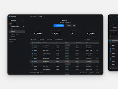 invoice dashboard - table list. - dark mode dashboard dashboard ui finance fintech invoice invoicing list mobile mobile product mobile ui product product design responsive saas table ui