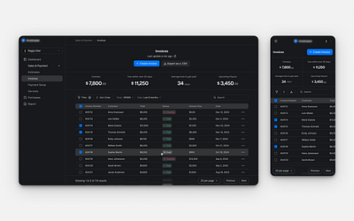 invoice dashboard - table list. - dark mode dashboard dashboard ui finance fintech invoice invoicing list mobile mobile product mobile ui product product design responsive saas table ui