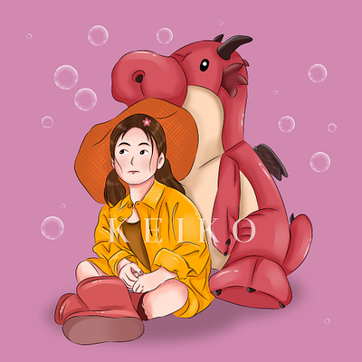 Illustration of Girl with a Dragon Plush Toy art branding daily art decoration design digital art illustration kid korean korean style logo ui