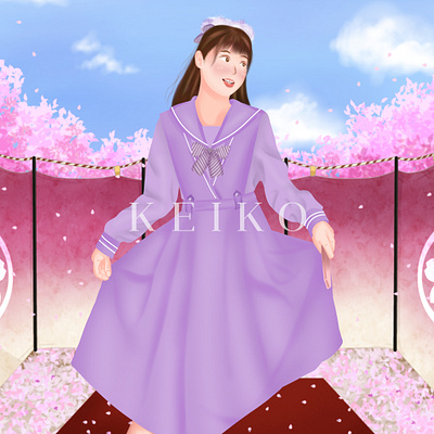 Anime Girl in Purple Dress Under Cherry Blossoms heart korean