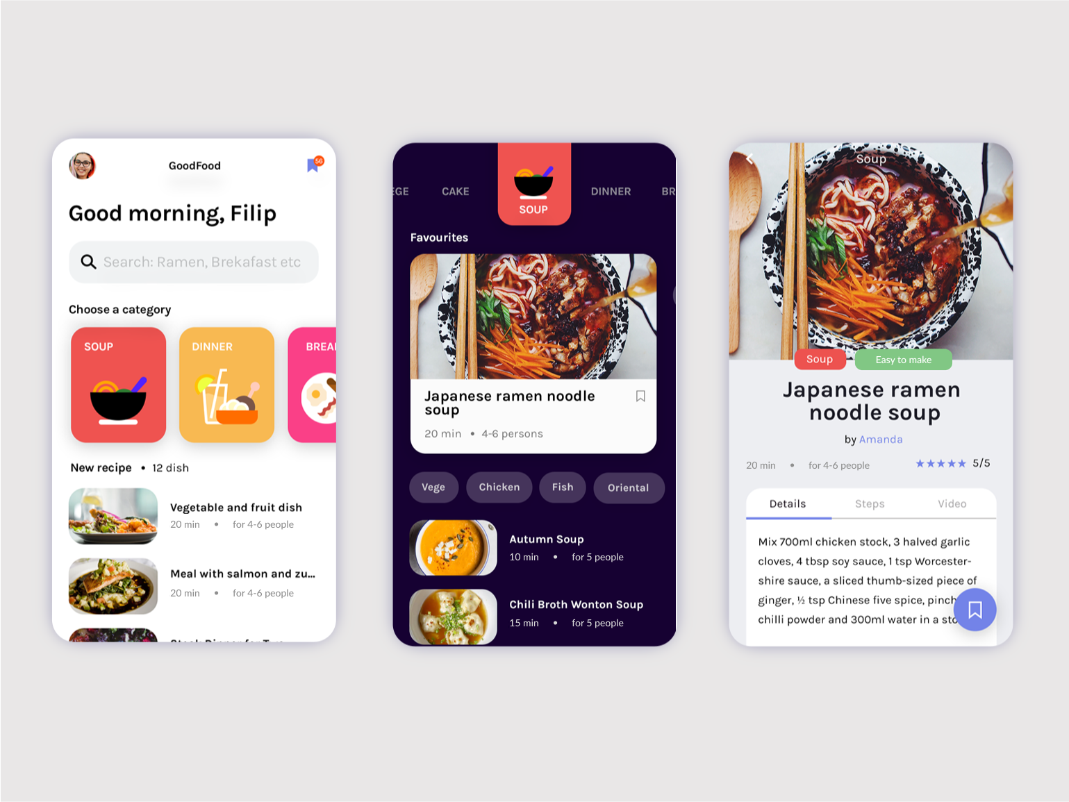 Good Food - Recipe App UI Design app appdesign application brand colorfull design flat design food foodapp geometric graphic design icon illustration mobile ramen recipe tag ui