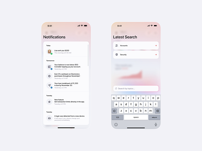 Notifications Panel & Search app branding clean colors design gradient mobile notifications paytee search ui ux