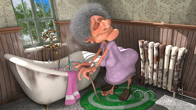 Grandma goes to take a bath 3d 3d modeling art bath bathroom character concept art grandma illustration maya photoshop substance painter texturing woman zbrush