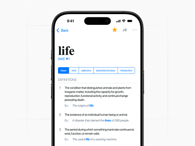 Dictionary mobile app design dictionary english ios language learning list minimalism mobile mobile app navigation noun product design pronounce spell starred tabs ui ux words