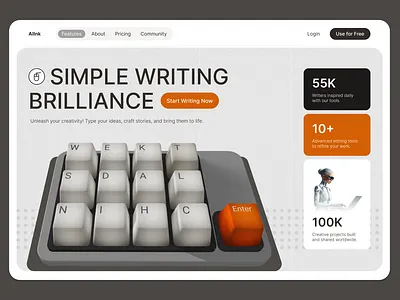 AIWriterSpace web 3d ai content creative design design greatdesign illustration light minimal modern orange trending ui uiuxdesign ux webdesign writing