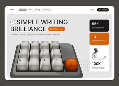 AIWriterSpace web 3d ai content creative design design greatdesign illustration light minimal modern orange trending ui uiuxdesign ux webdesign writing