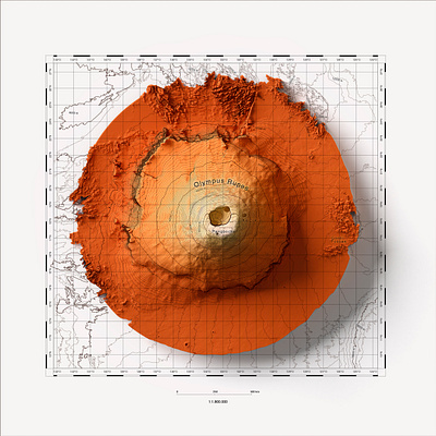 Olympus Mons - Mars 3d cartography cartography art design digital art graphic design illustration mars olympus mons poster design shaded relief space