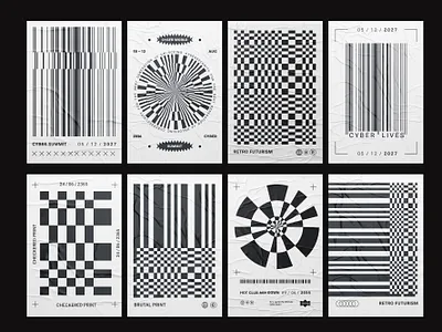 Brutal geometric prints abstract barcode brutalism checked print cyber futurism geometric posters graphic design grid illustration pattern poster print ray print retro style vector