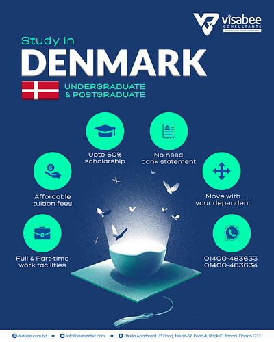 Study in Denmark – Stunning Facebook Ad Design for Educational ad appeal affordable tuition graphics campaign aesthetic color impact creative graphics creative posters danish design denmark education educational branding fast pr higher education poster scandinavian education ad scholarship offers scholarship promotion visual student visa campaign study abroad study in denmark design typography art visa success visual branding