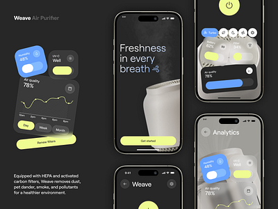 🌿 Product design for the air purifier mobile app | Hyperactive air purifier app design blue colors dark design green hyperactive ios app ios design mobile mobile app product design smart smart home ui user experience user interface ux web design