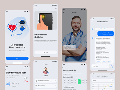 AI integrated health monitoring app artificialintelligence creativeteam figma healthblue healthcare healthcareapp minimal mobileapp modern uikit uxdesigner