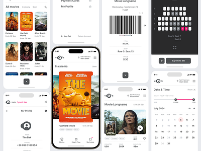 Voo's Cinema mobile app app application calendar carousel case clear design gallery interface light menu mobile screen simple ui uiux usa ux