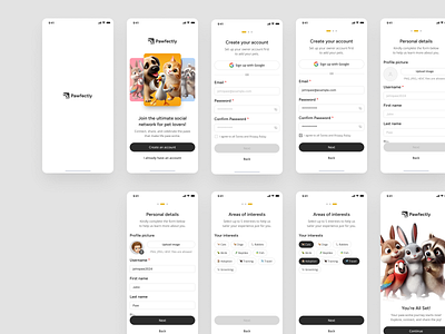 Petme - Sign up flow mobile screens app design design system figma flow interface ios logo minimalist mobile registration sign up social network ui ux