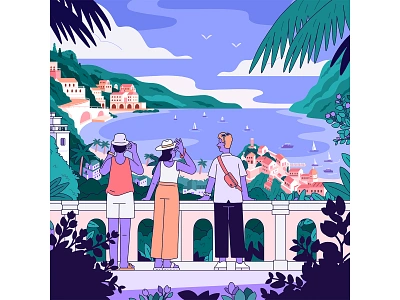 Euro Getaway adobe characterdesign europe flat vector illustration line line work muti ocean purple tourist travel vector