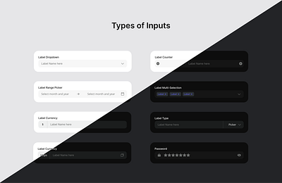 UI Input Elements – Light & Dark Mode borderless clean design dark mode design tokens dropdown input forms input inputs light mode minimalism minimalist multiselection passwordfield product design productdesign range picker system design ui ui trend variables