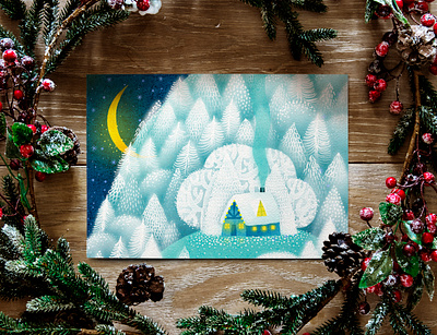 Cozy Winter Greetings christmas card christmas illustration crescent moon greeting card hand drawn holiday holiday card holiday vibes illustration seasonal design snowy forest watercolor art winter illustration