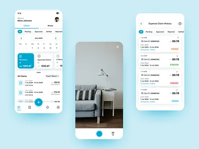 Expense Claim - Dashboard & Manage Claims app design blue app blue app dashboard blue dashboard bran camera cards design clean creative clean app design dark ui dashboard dashboard ui expense claim icon ios app light dashboard manage app mobile app mobile cards