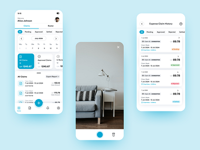 Expense Claim - Dashboard & Manage app design blue app blue app dashboard blue dashboard bran camera cards design clean creative clean app design dark ui dashboard dashboard ui expense claim icon ios app light dashboard manage app mobile app mobile cards